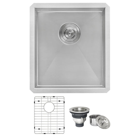 Ruvati Nesta 16” x 18" Undermount Stainless Steel Single Bowl Zero Radius Kitchen Sink With Basket Strainer, Bottom Rinse Grid and Drain Assembly