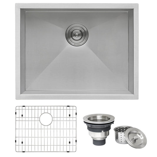 Ruvati Nesta 23” x 18" Undermount Stainless Steel Single Bowl Zero Radius Kitchen Sink With Basket Strainer, Bottom Rinse Grid and Drain Assembly