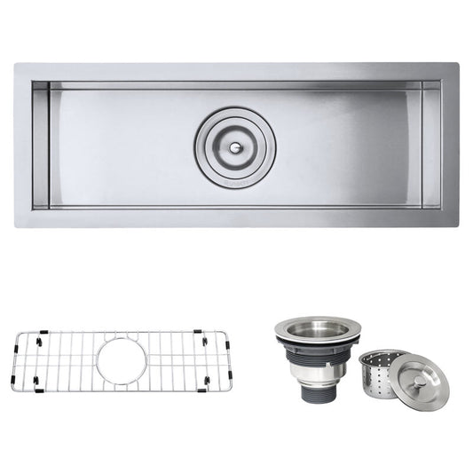 Ruvati Nesta 23” x 8" Undermount Stainless Steel Single Bowl Narrow Trough Kitchen Sink With Basket Strainer, Bottom Rinse Grid and Drain Assembly