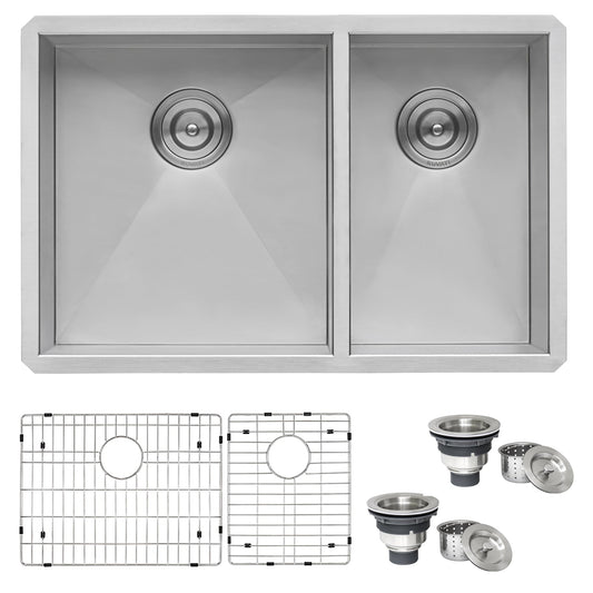 Ruvati Nesta 29” x 19" Undermount Stainless Steel 60/40 Double Bowl Zero Radius Kitchen Sink With Basket Strainer, Bottom Rinse Grid and Drain Assembly