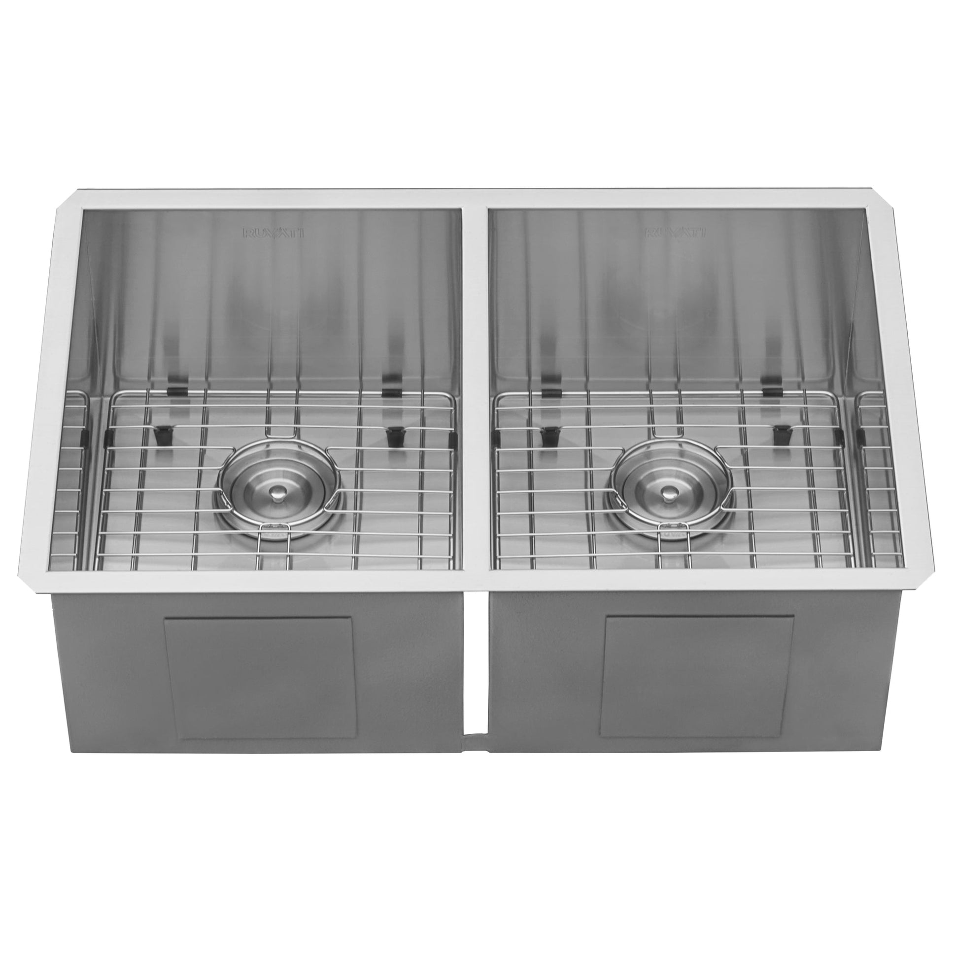 Ruvati Nesta 30” x 19" Undermount Stainless Steel 50/50 Double Bowl Zero Radius Kitchen Sink With Basket Strainer, Bottom Rinse Grid and Drain Assembly