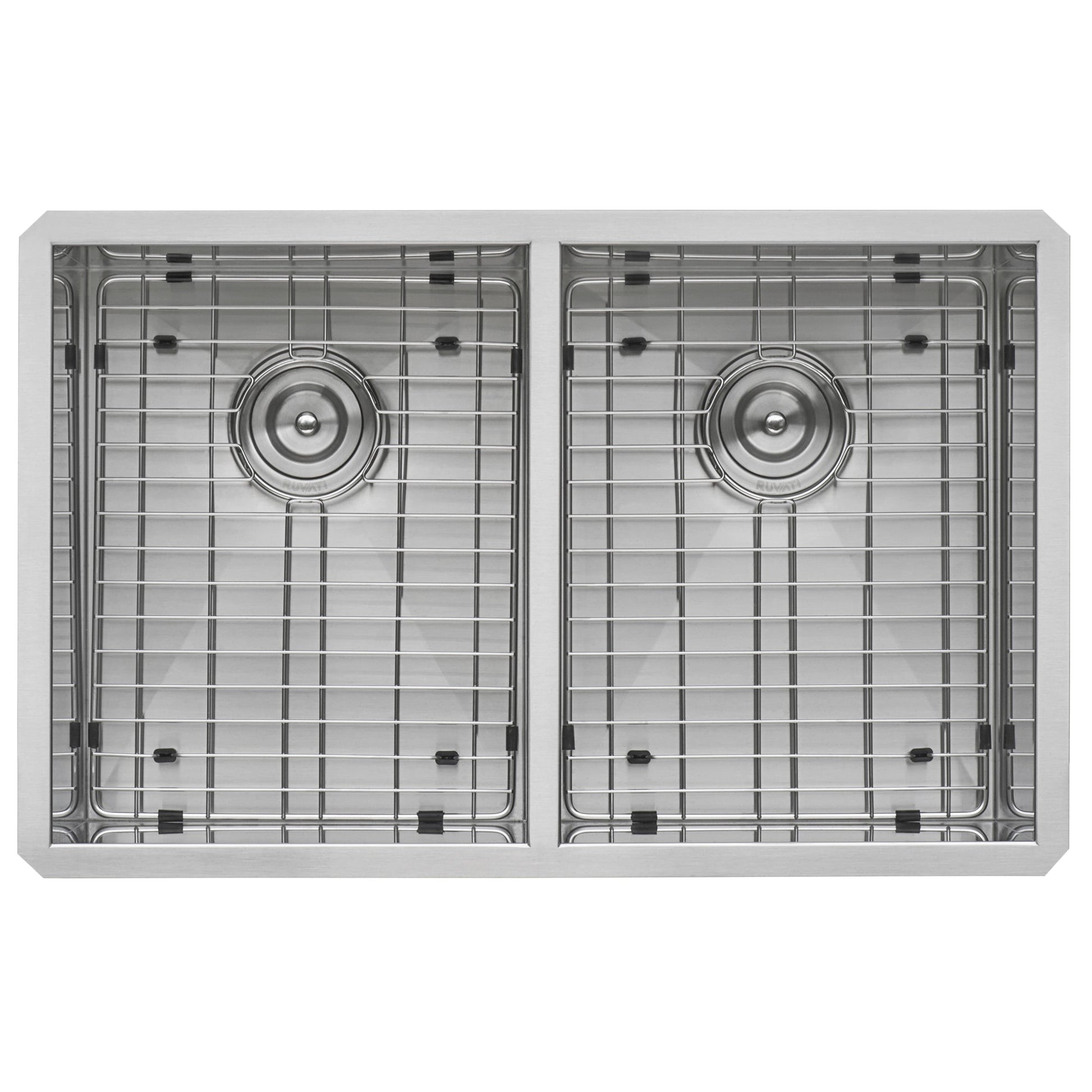 Ruvati Nesta 30” x 19" Undermount Stainless Steel 50/50 Double Bowl Zero Radius Kitchen Sink With Basket Strainer, Bottom Rinse Grid and Drain Assembly