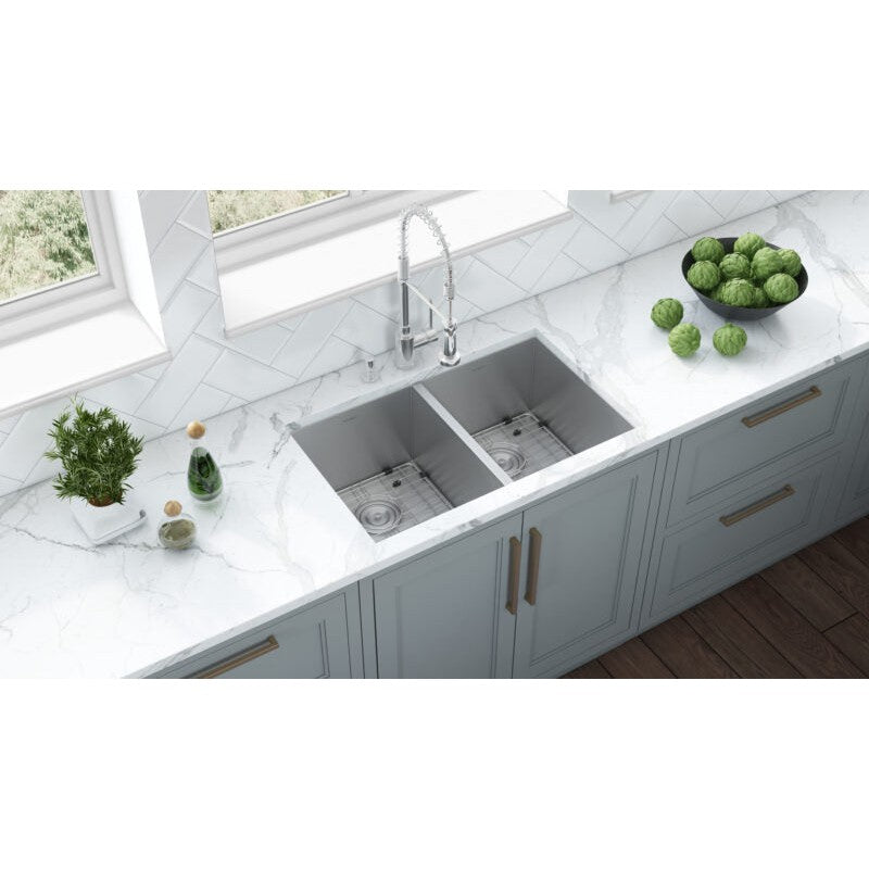 Ruvati Nesta 30” x 19" Undermount Stainless Steel 50/50 Double Bowl Zero Radius Kitchen Sink With Basket Strainer, Bottom Rinse Grid and Drain Assembly