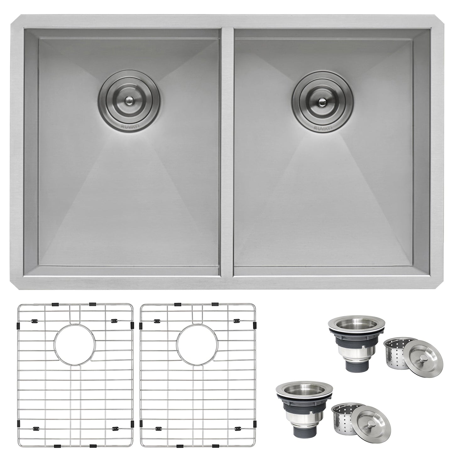 Ruvati Nesta 30” x 19" Undermount Stainless Steel 50/50 Double Bowl Zero Radius Kitchen Sink With Basket Strainer, Bottom Rinse Grid and Drain Assembly