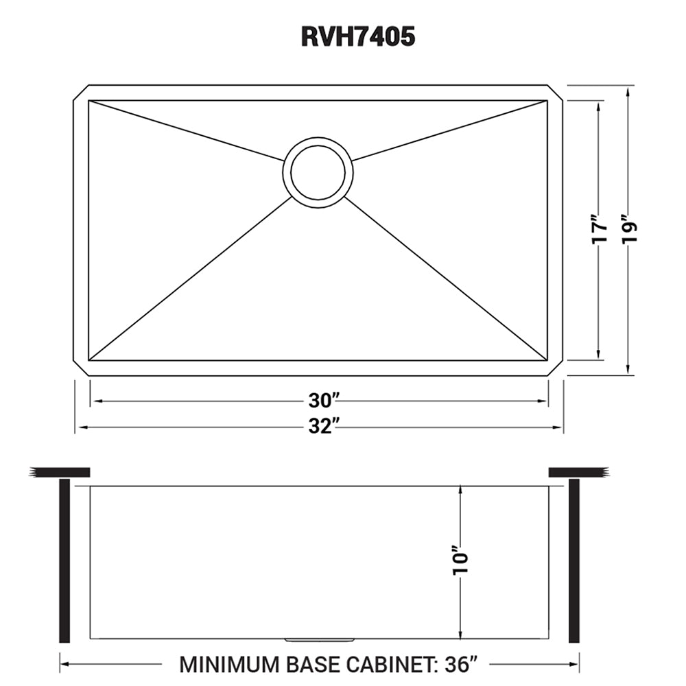 Ruvati Nesta 32” x 19" Undermount Stainless Steel Single Bowl Zero Radius Kitchen Sink With Basket Strainer, Bottom Rinse Grid and Drain Assembly