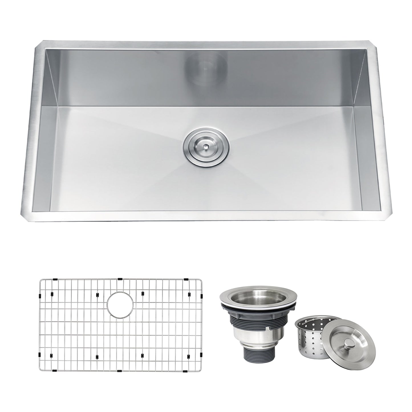 Ruvati Nesta 32” x 19" Undermount Stainless Steel Single Bowl Zero Radius Kitchen Sink With Basket Strainer, Bottom Rinse Grid and Drain Assembly