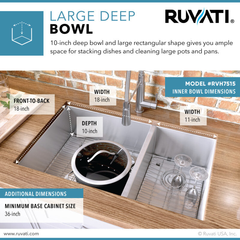 Ruvati Nesta 32” x 20" Undermount Stainless Steel 60/40 Double Bowl Zero Radius Kitchen Sink With Basket Strainer, Bottom Rinse Grid and Drain Assembly