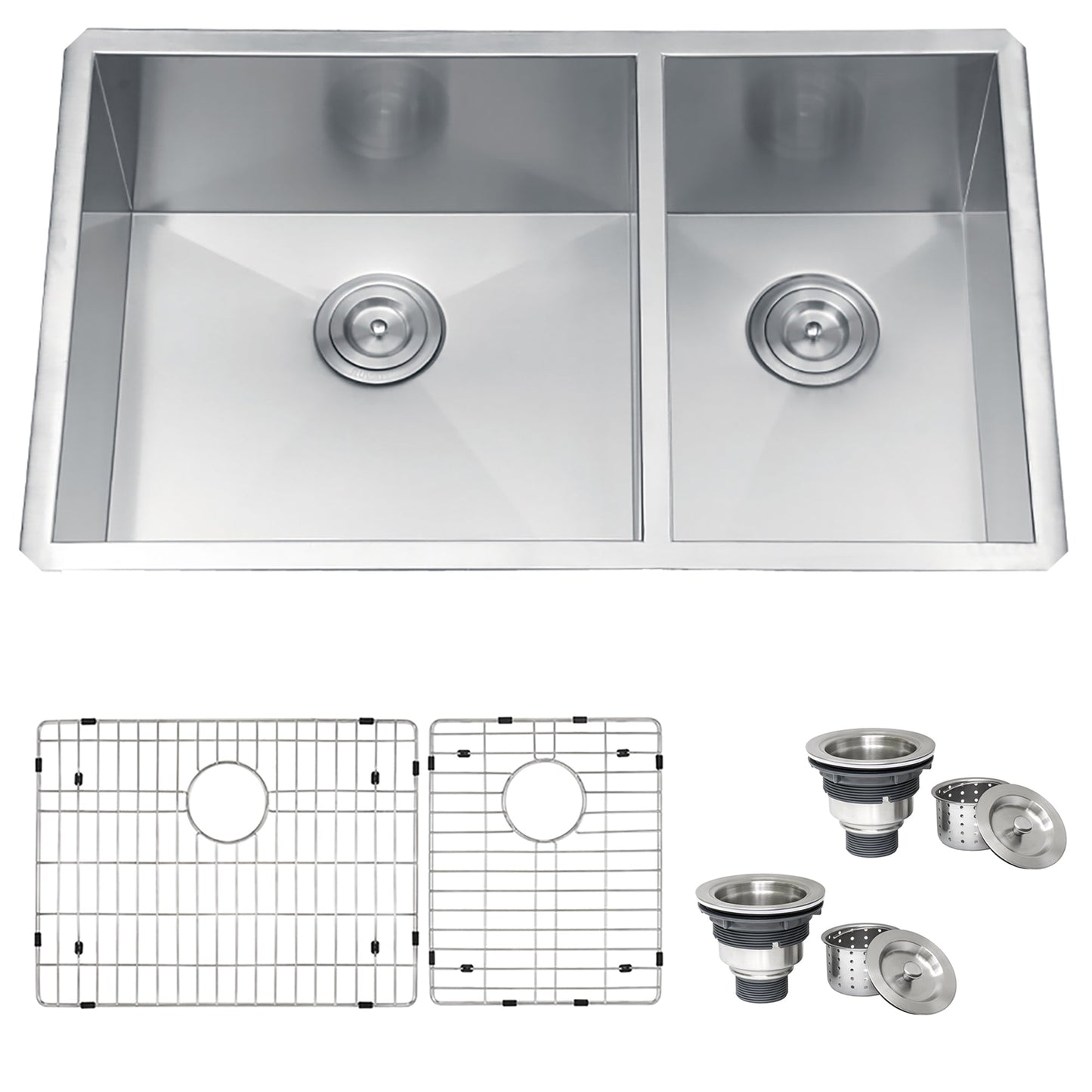 Ruvati Nesta 32” x 20" Undermount Stainless Steel 60/40 Double Bowl Zero Radius Kitchen Sink With Basket Strainer, Bottom Rinse Grid and Drain Assembly