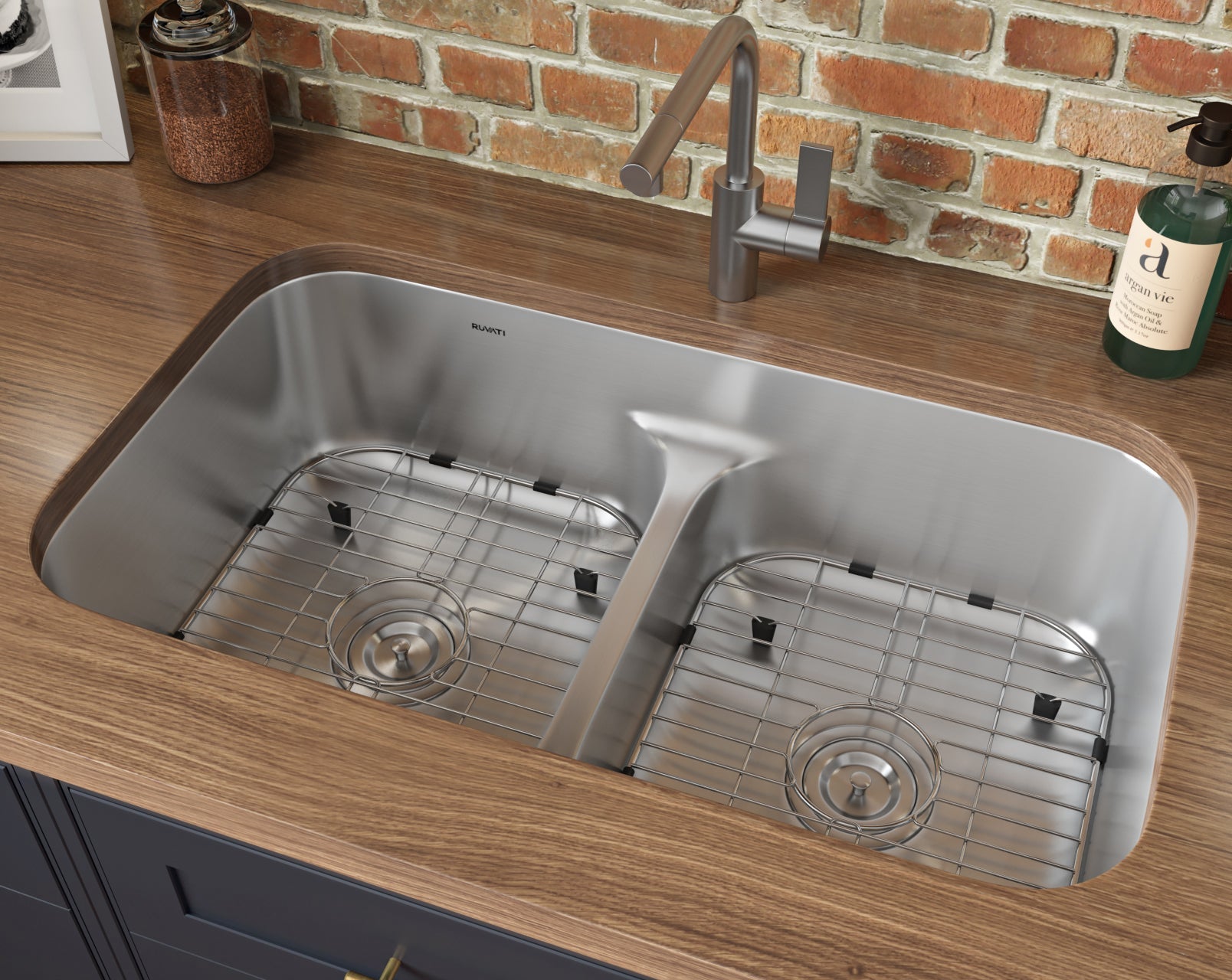 Ruvati Parmi 32" x 19" Stainless Steel 50/50 Low Double Bowl Undermount Kitchen Sink