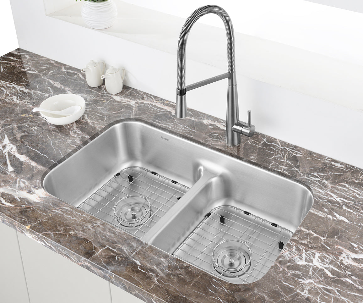 Ruvati Parmi 32" x 19" Stainless Steel 50/50 Low Double Bowl Undermount Kitchen Sink