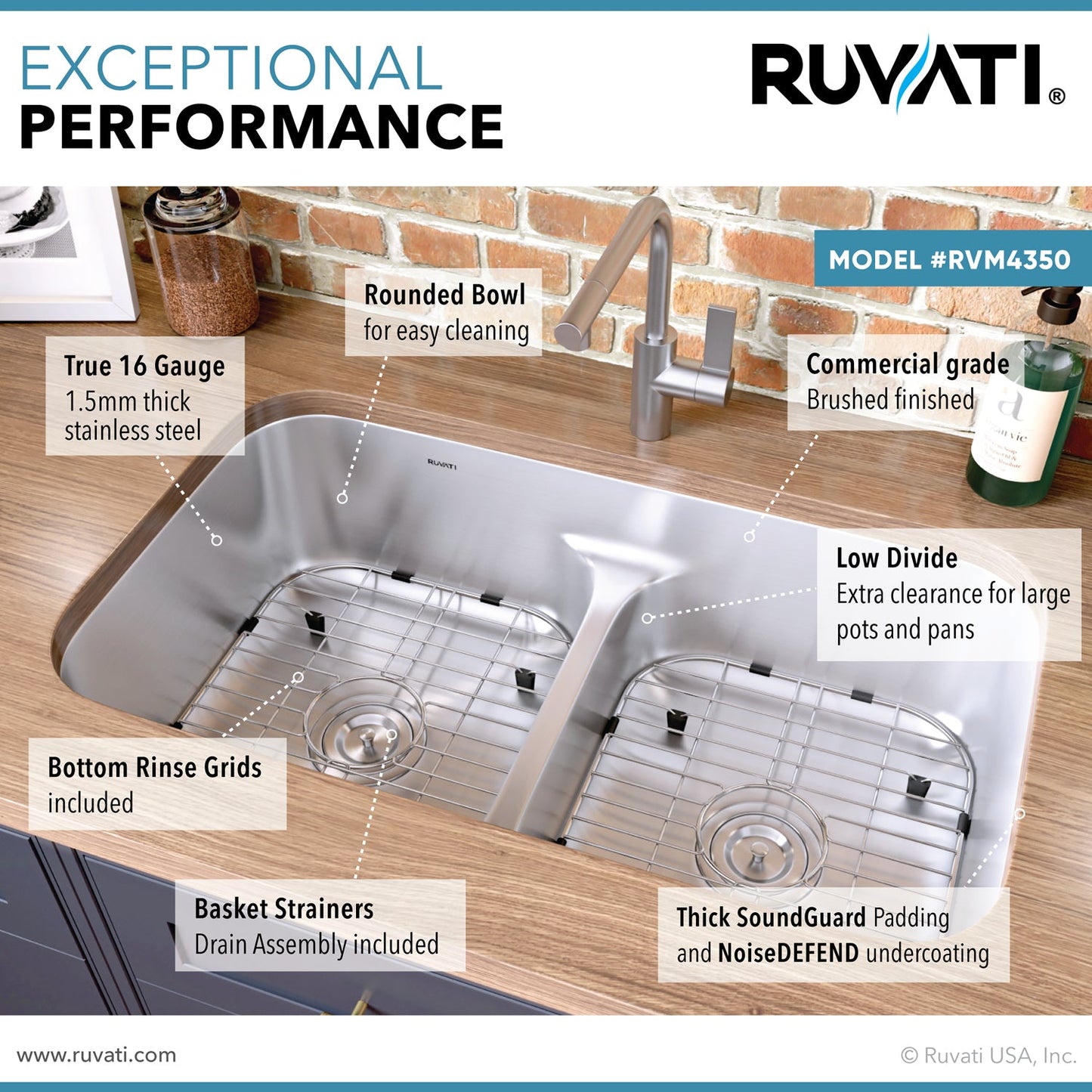 Ruvati Parmi 32" x 19" Stainless Steel 50/50 Low Double Bowl Undermount Kitchen Sink