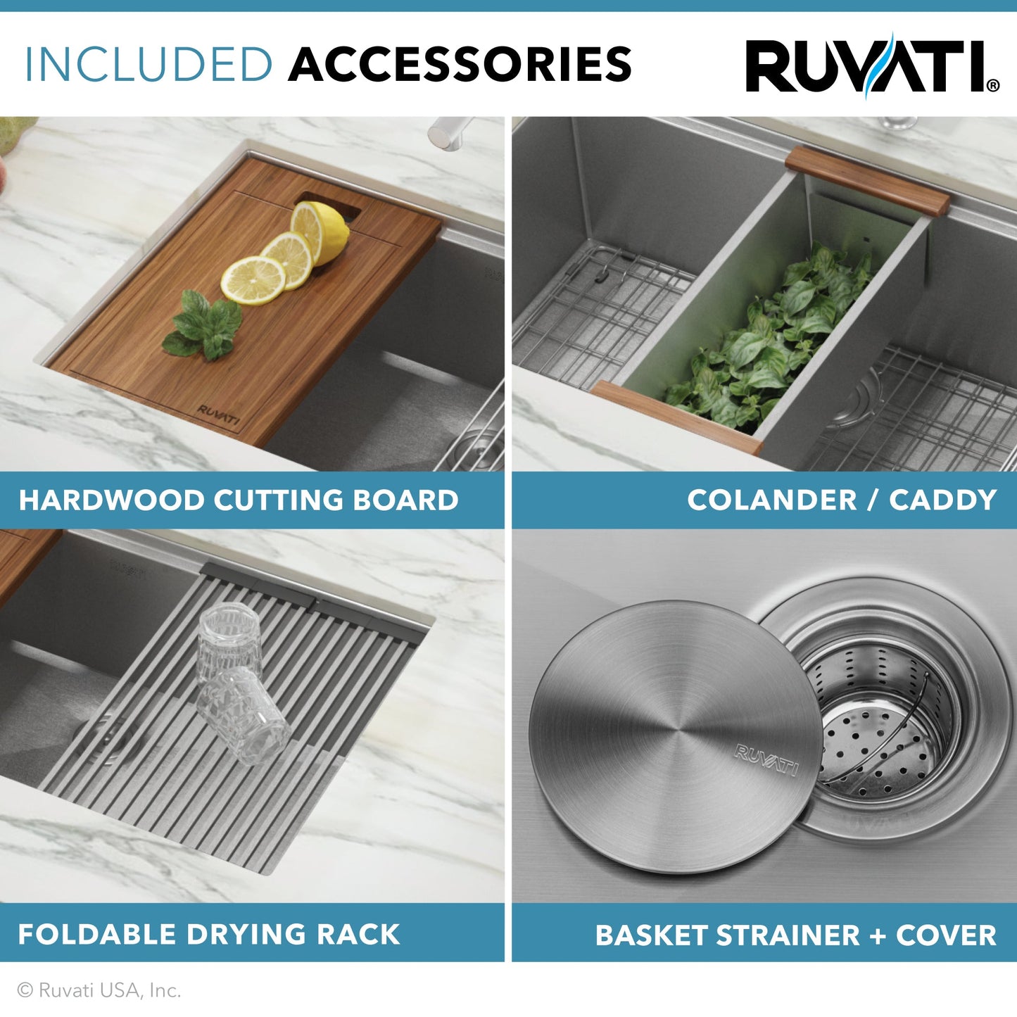 Ruvati Roma 28" x 19" Undermount Stainless Steel Double Bowl 60/40 Workstation Sink With Bottom Rinse Grid and Drain Assembly