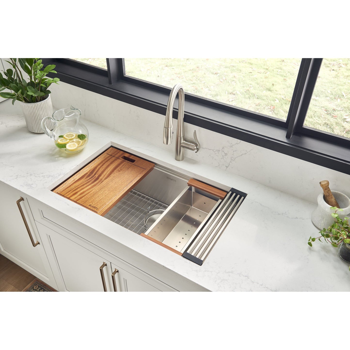 Ruvati Roma 32” x 19" Undermount Stainless Steel Single Bowl Workstation Kitchen Sink With Bottom Rinse Grid and Drain Assembly