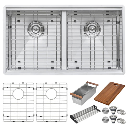 Ruvati Roma 33" x 19" Undermount Stainless Steel Double Bowl 50/50 Workstation Sink With Bottom Rinse Grid and Drain Assembly