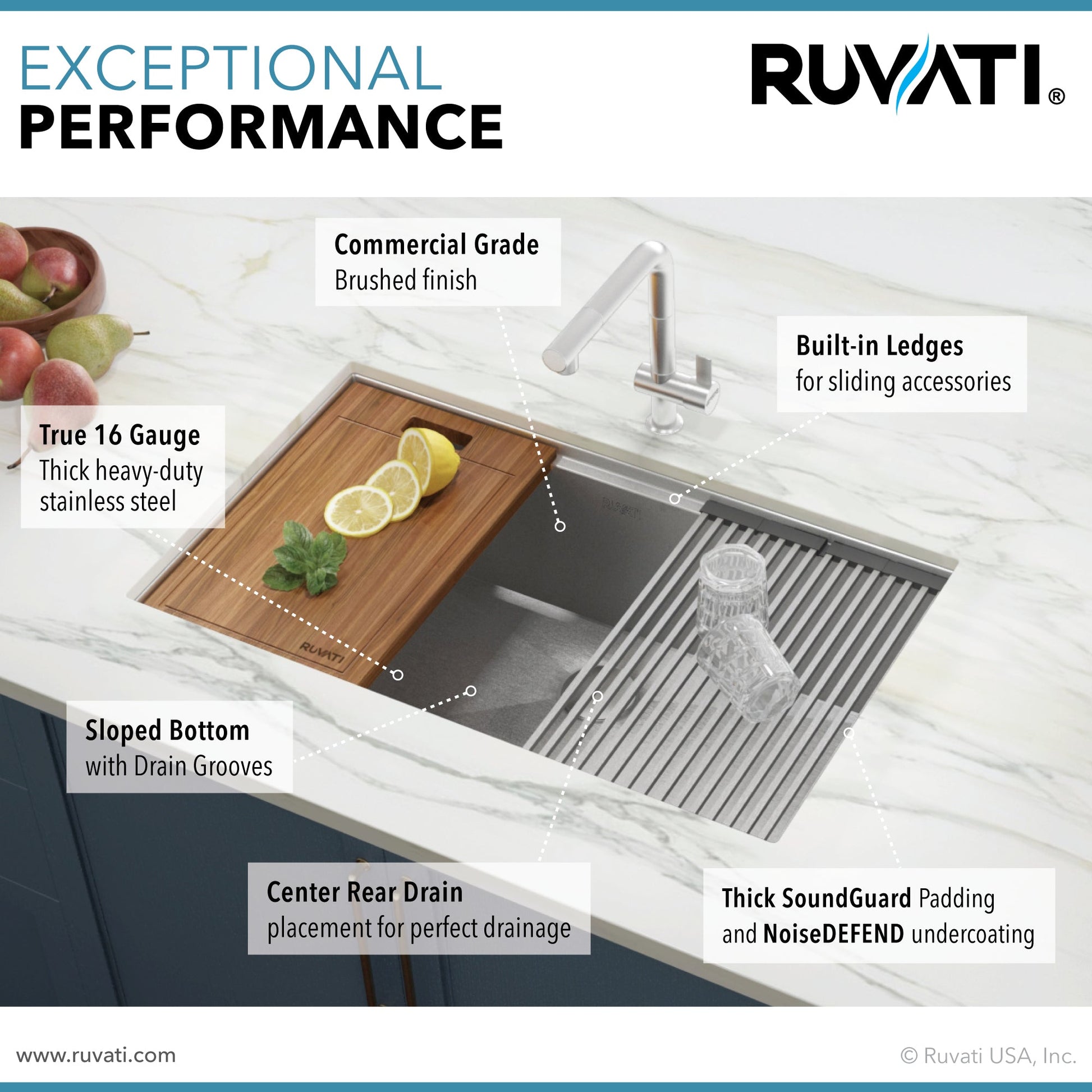 Ruvati Roma Pro 32” x 19" Undermount Stainless Steel Tight Radius Single Bowl Workstation Kitchen Sink With Bottom Rinse Grid and Drain Assembly