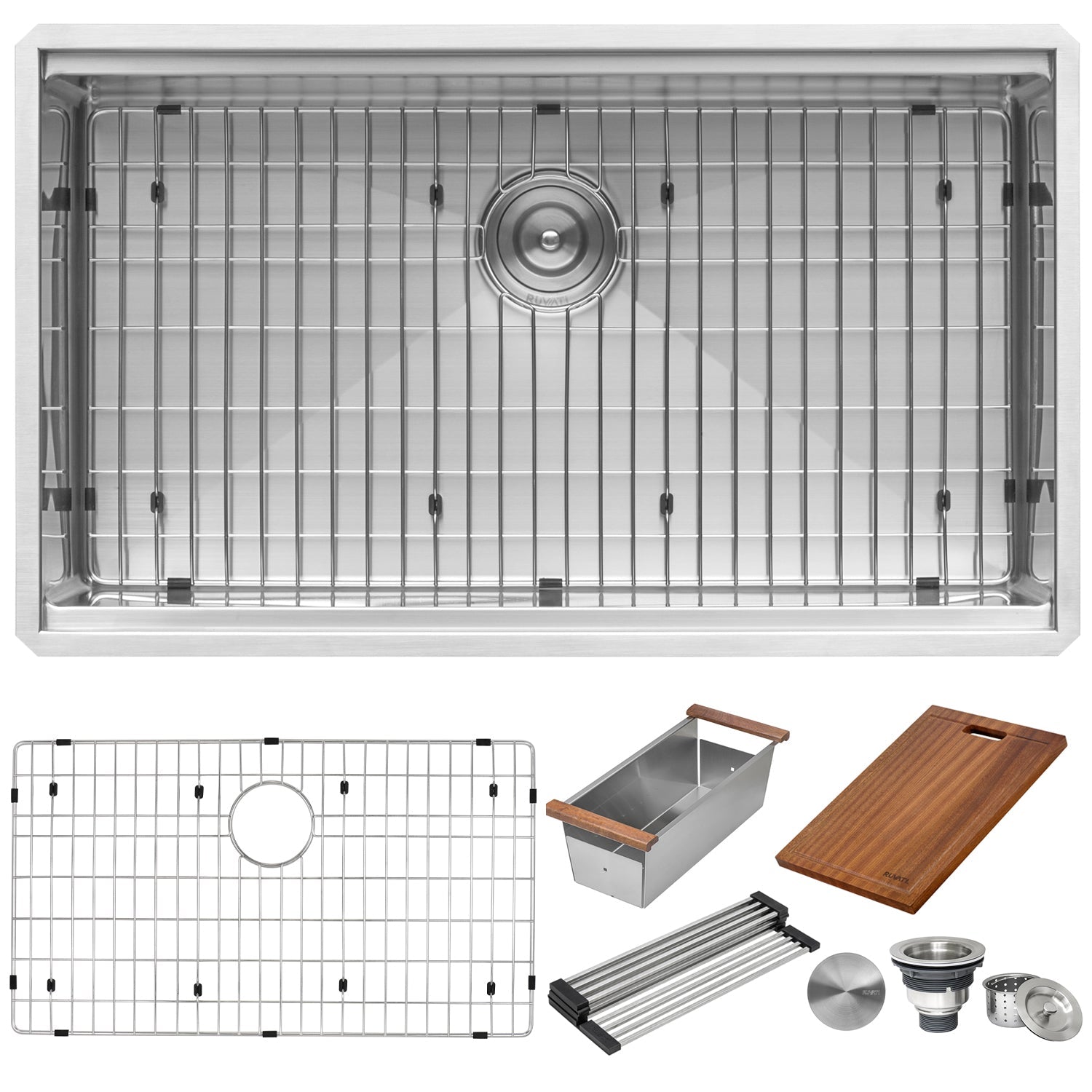 Ruvati Roma Pro 32” x 19" Undermount Stainless Steel Tight Radius Single Bowl Workstation Kitchen Sink With Bottom Rinse Grid and Drain Assembly