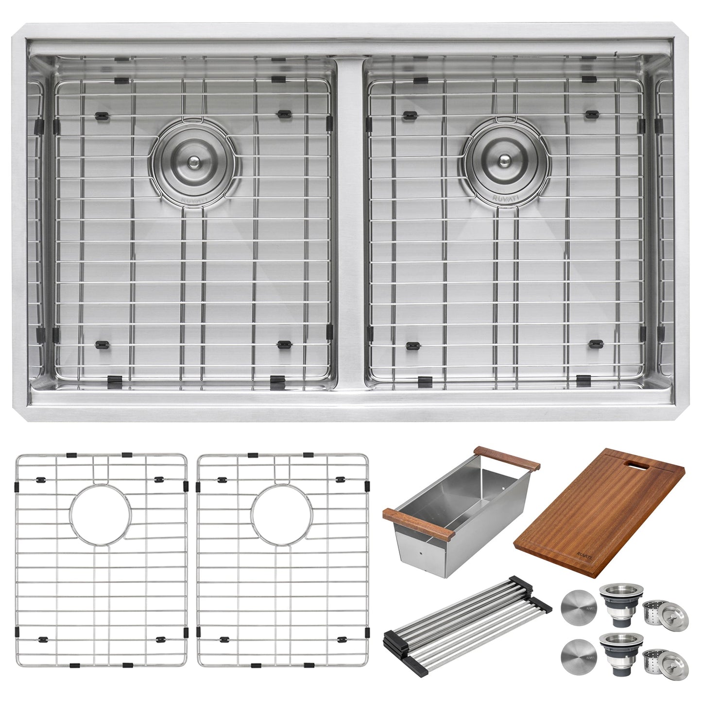 Ruvati Roma Pro 33" x 19" Undermount Stainless Steel Tight Radius Double Bowl 50/50 Workstation Sink With Bottom Rinse Grid and Drain Assembly