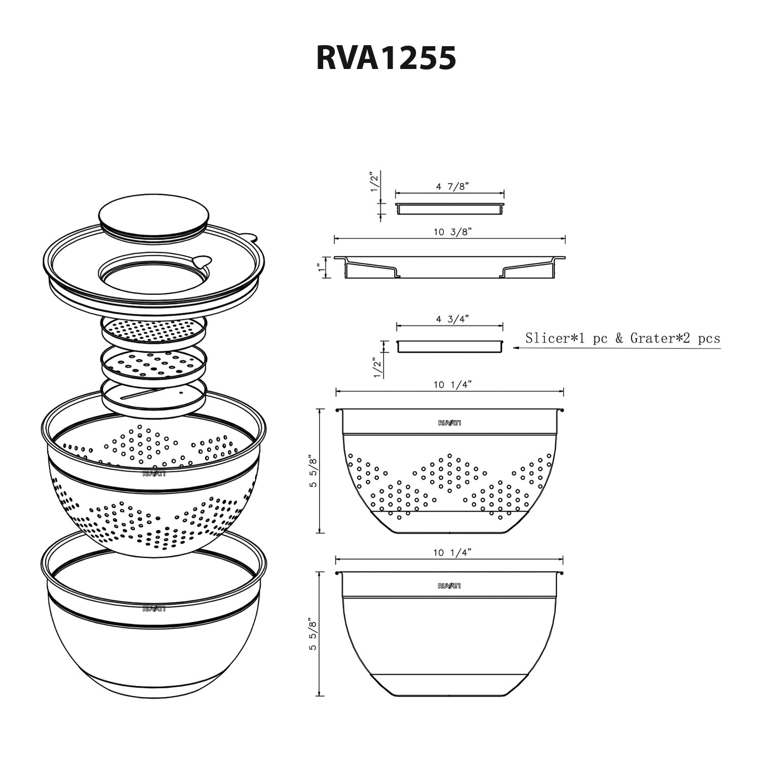 Ruvati Set of 6 Stainless Steel Mixing Bowl and Colander Set With Grater Attachments