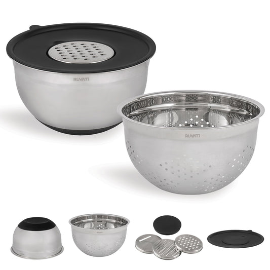 Ruvati Set of 6 Stainless Steel Mixing Bowl and Colander Set With Grater Attachments