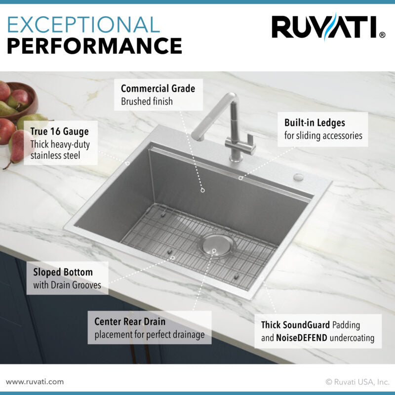 Ruvati Siena 25” x 22" Drop-In Stainless Steel Tight Radius Single Bowl Workstation Kitchen Sink With Wooden Chopping Board, Drain Cover, Bottom Rinse Grid and Drain Assembly