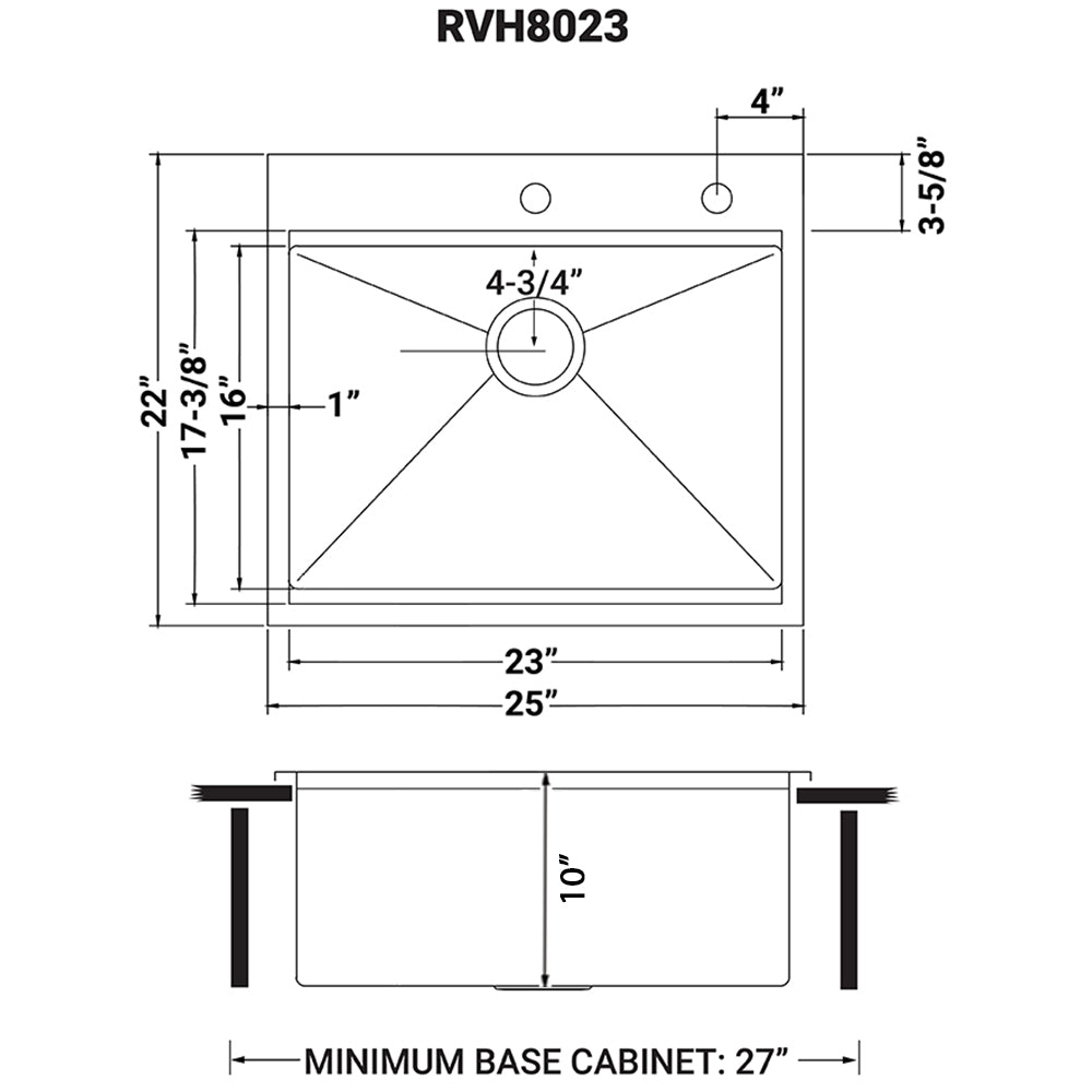 Ruvati Siena 25” x 22" Drop-In Stainless Steel Tight Radius Single Bowl Workstation Kitchen Sink With Wooden Chopping Board, Drain Cover, Bottom Rinse Grid and Drain Assembly