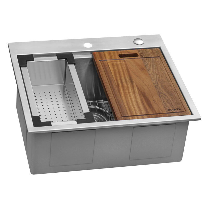 Ruvati Siena 25” x 22" Drop-In Stainless Steel Tight Radius Single Bowl Workstation Kitchen Sink With Wooden Chopping Board, Drain Cover, Bottom Rinse Grid and Drain Assembly