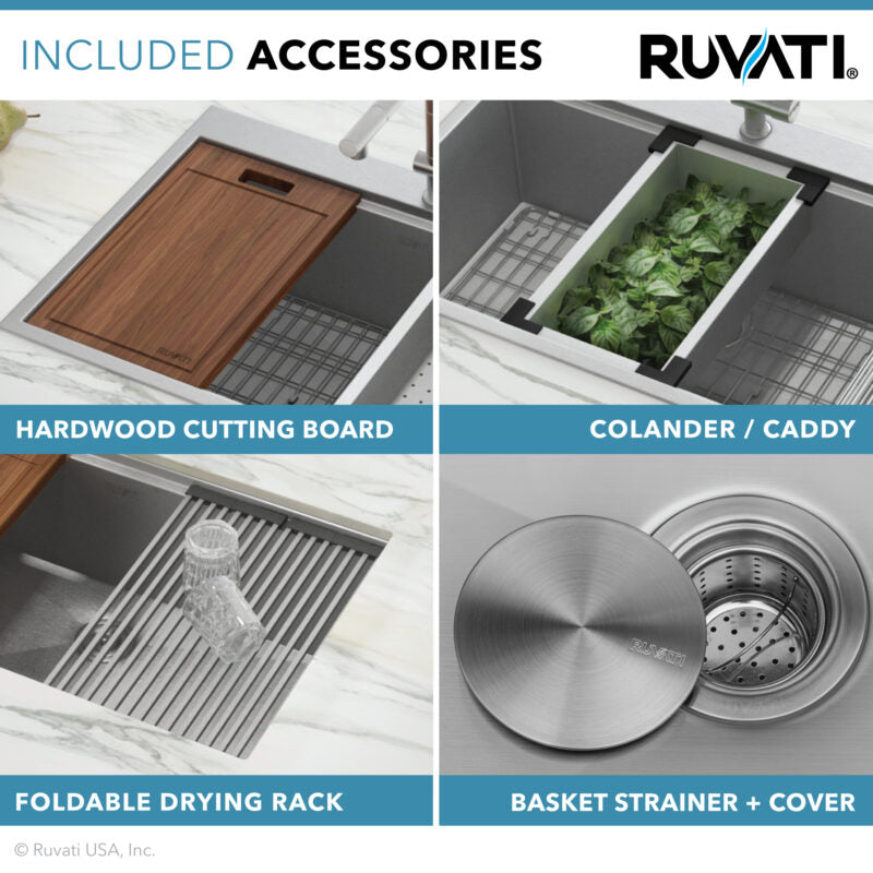 Ruvati Siena 25” x 22" Drop-In Stainless Steel Tight Radius Single Bowl Workstation Kitchen Sink With Wooden Chopping Board, Drain Cover, Bottom Rinse Grid and Drain Assembly