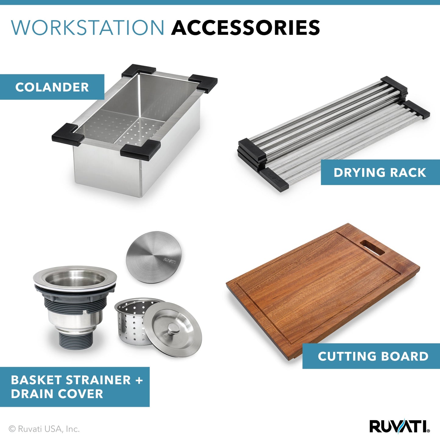 Ruvati Siena 25” x 22" Drop-In Stainless Steel Tight Radius Single Bowl Workstation Kitchen Sink With Wooden Chopping Board, Drain Cover, Bottom Rinse Grid and Drain Assembly