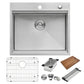 Ruvati Siena 25” x 22" Drop-In Stainless Steel Tight Radius Single Bowl Workstation Kitchen Sink With Wooden Chopping Board, Drain Cover, Bottom Rinse Grid and Drain Assembly