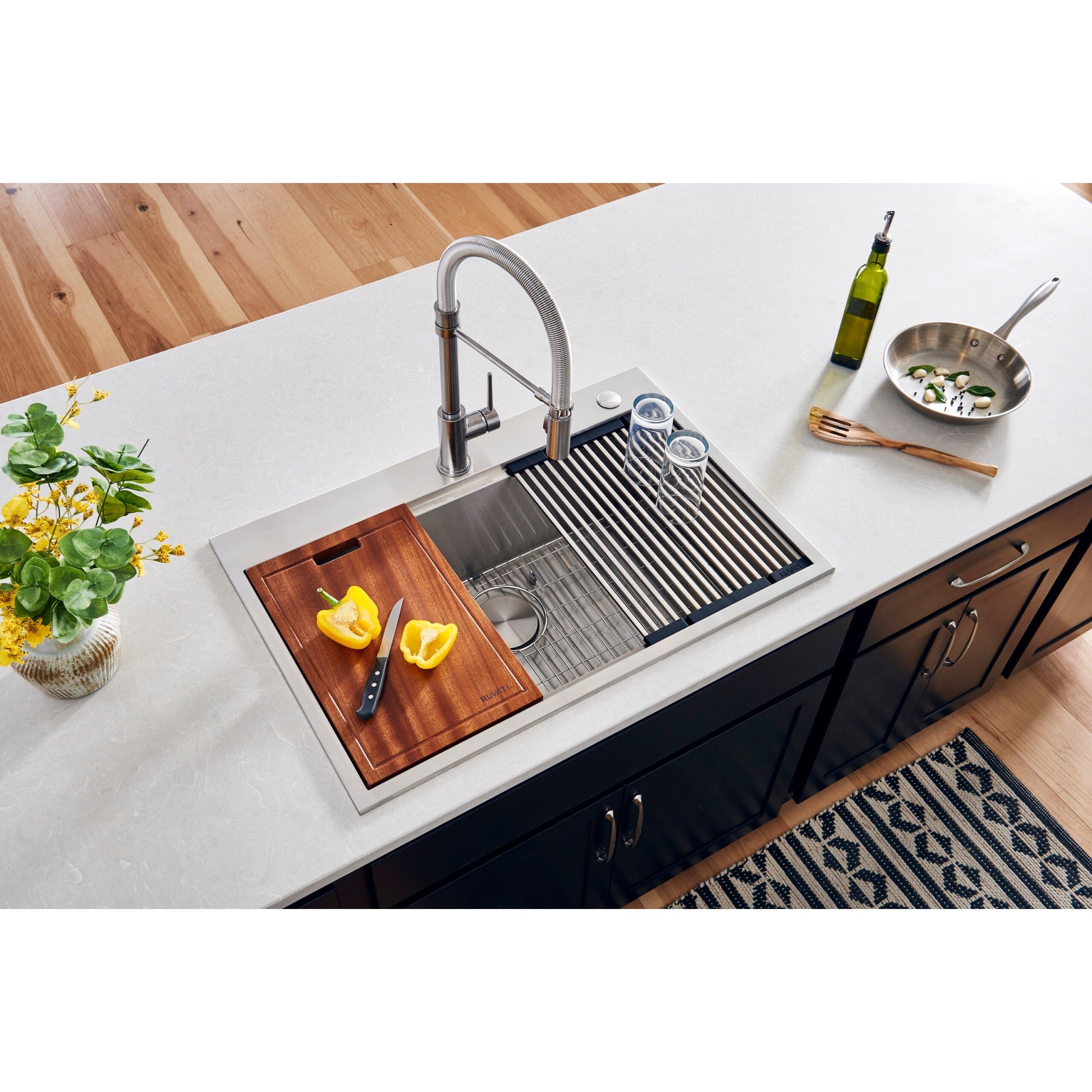 Ruvati Siena 30” x 22" Drop-In Stainless Steel Tight Radius Single Bowl Workstation Kitchen Sink With Wooden Chopping Board, Drain Cover, Bottom Rinse Grid and Drain Assembly