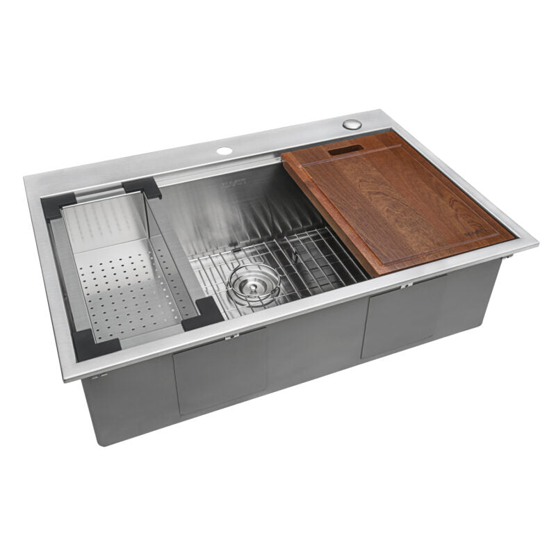 Ruvati Siena 30” x 22" Drop-In Stainless Steel Tight Radius Single Bowl Workstation Kitchen Sink With Wooden Chopping Board, Drain Cover, Bottom Rinse Grid and Drain Assembly