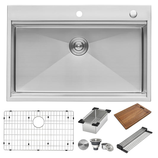 Ruvati Siena 30” x 22" Drop-In Stainless Steel Tight Radius Single Bowl Workstation Kitchen Sink With Wooden Chopping Board, Drain Cover, Bottom Rinse Grid and Drain Assembly