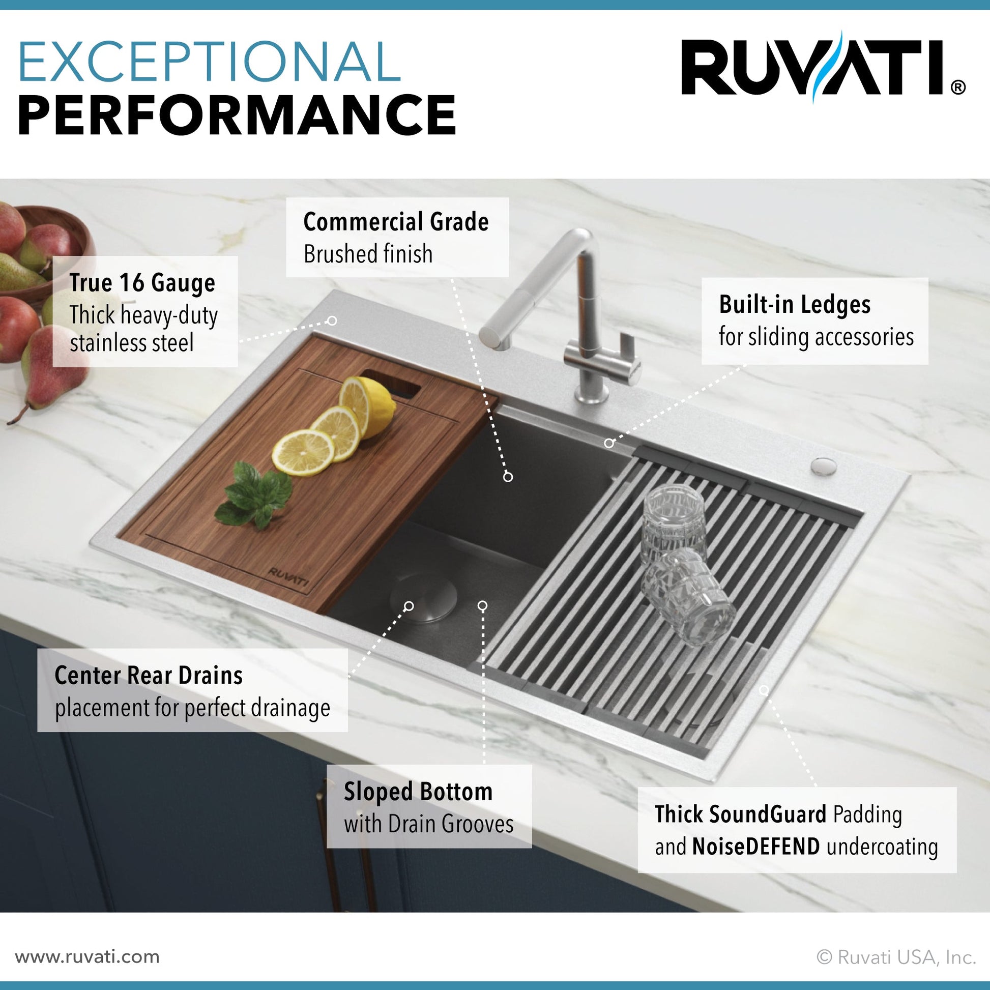 Ruvati Siena 33” x 22" Drop-In Stainless Steel Tight Radius 60/40 Double Bowl Workstation Kitchen Sink With Wooden Chopping Board, Drain Cover, Bottom Rinse Grid and Drain Assembly