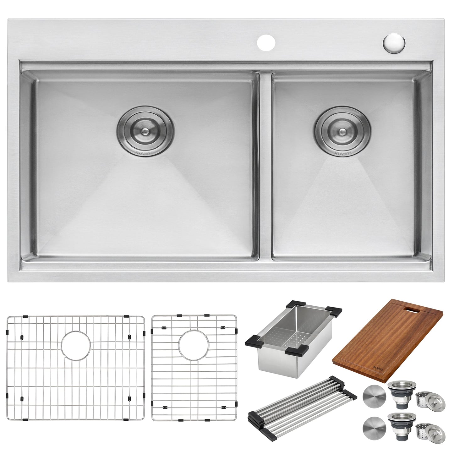 Ruvati Siena 33” x 22" Drop-In Stainless Steel Tight Radius 60/40 Double Bowl Workstation Kitchen Sink With Wooden Chopping Board, Drain Cover, Bottom Rinse Grid and Drain Assembly