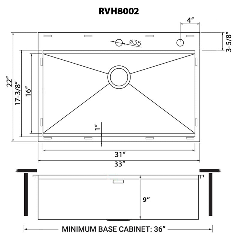 Ruvati Siena 33” x 22" Drop-In Stainless Steel Tight Radius Single Bowl Workstation Kitchen Sink With Wooden Chopping Board, Drain Cover, Bottom Rinse Grid and Drain Assembly