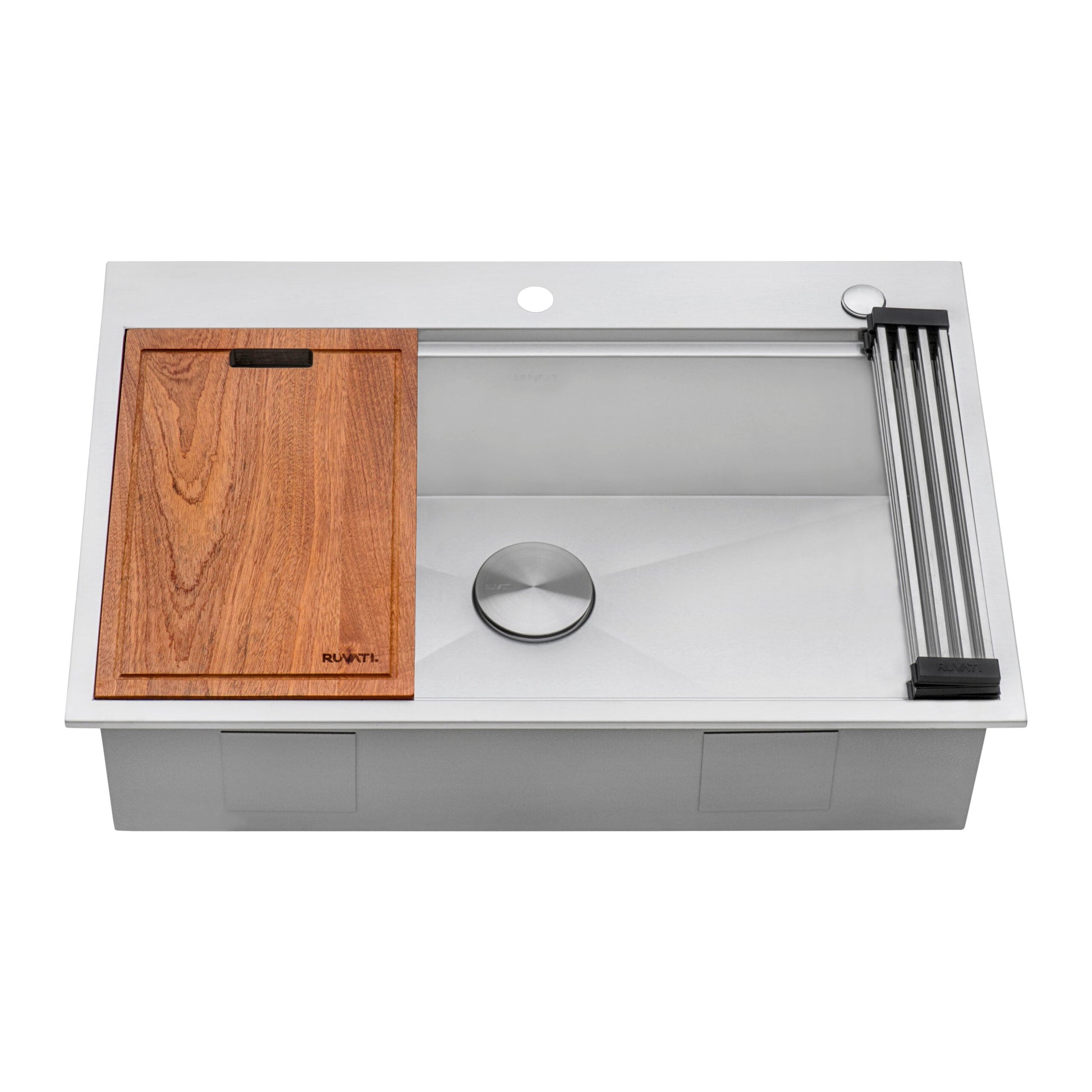 Ruvati Siena 33” x 22" Drop-In Stainless Steel Tight Radius Single Bowl Workstation Kitchen Sink With Wooden Chopping Board, Drain Cover, Bottom Rinse Grid and Drain Assembly