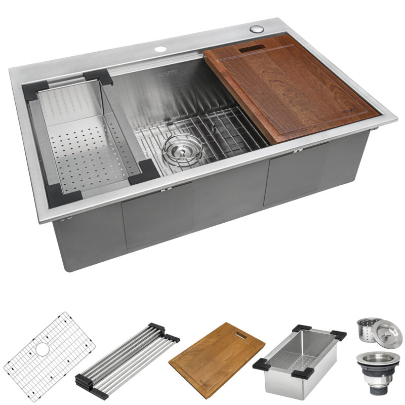 Ruvati Siena 33” x 22" Drop-In Stainless Steel Tight Radius Single Bowl Workstation Kitchen Sink With Wooden Chopping Board, Drain Cover, Bottom Rinse Grid and Drain Assembly