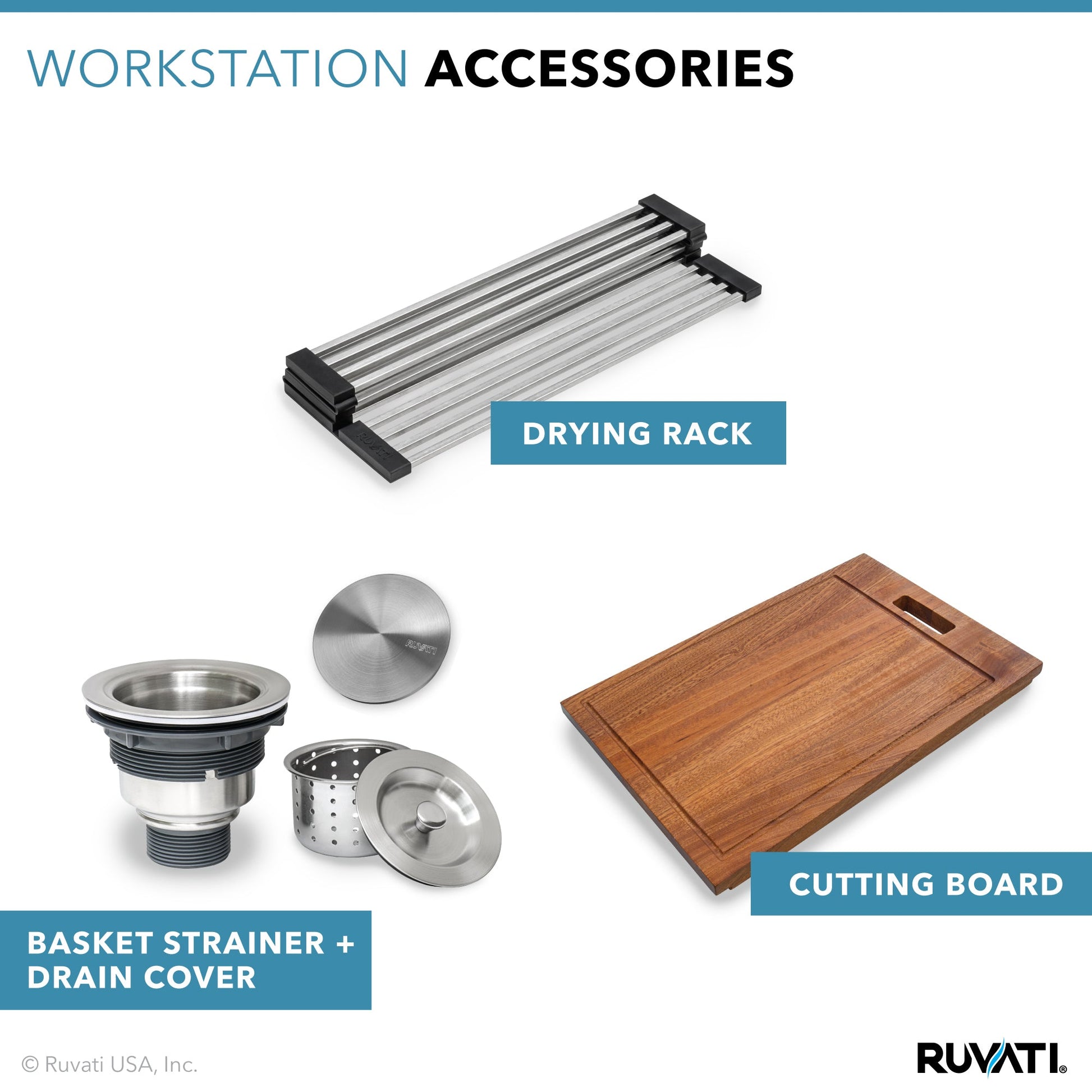 Ruvati Siena 33” x 22" Drop-In Stainless Steel Tight Radius Single Bowl Workstation Kitchen Sink With Wooden Chopping Board, Drain Cover, Bottom Rinse Grid and Drain Assembly