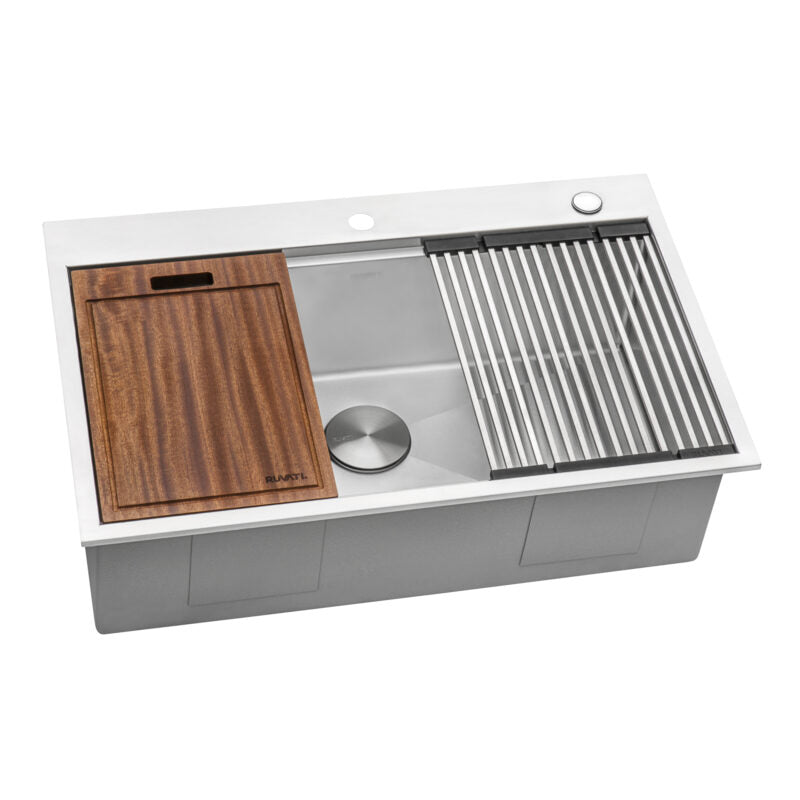 Ruvati Siena 33” x 22" Drop-In Stainless Steel Tight Radius Single Bowl Workstation Kitchen Sink With Wooden Chopping Board, Drain Cover, Bottom Rinse Grid and Drain Assembly