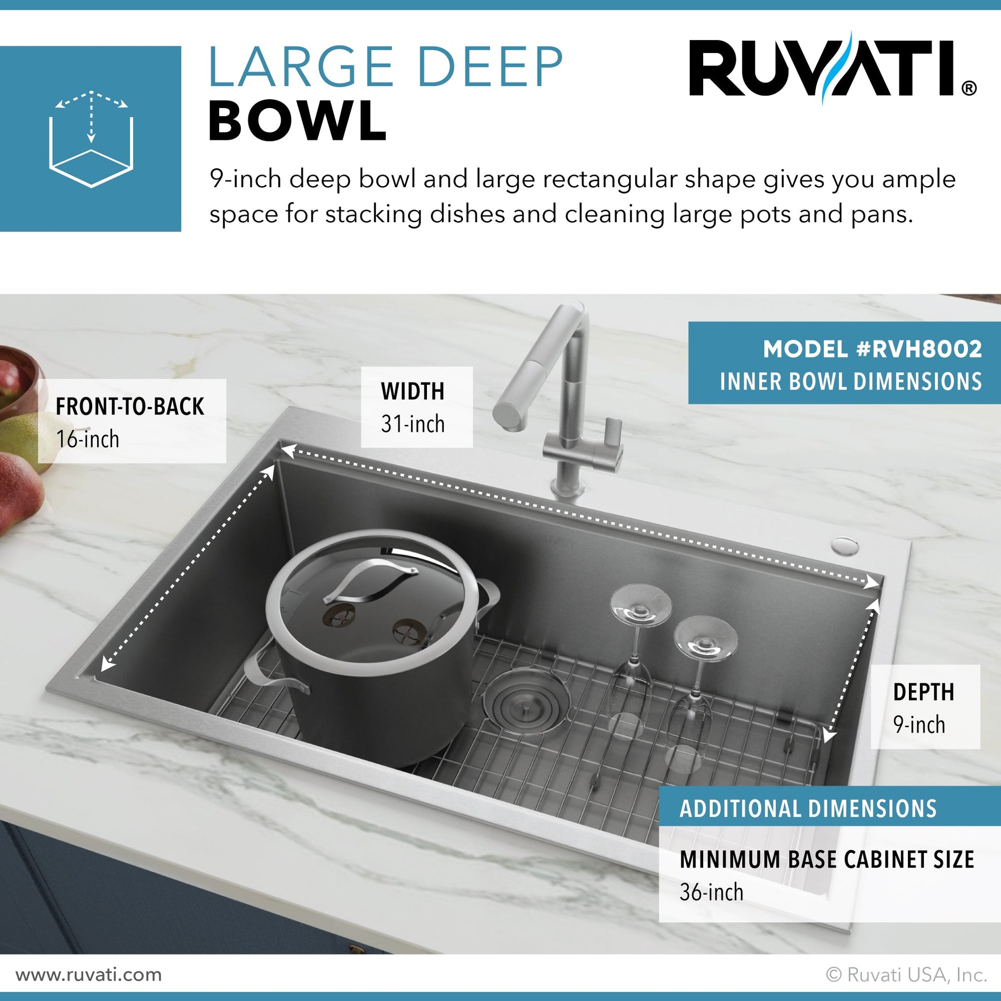 Ruvati Siena 33” x 22" Drop-In Stainless Steel Tight Radius Single Bowl Workstation Kitchen Sink With Wooden Chopping Board, Drain Cover, Bottom Rinse Grid and Drain Assembly