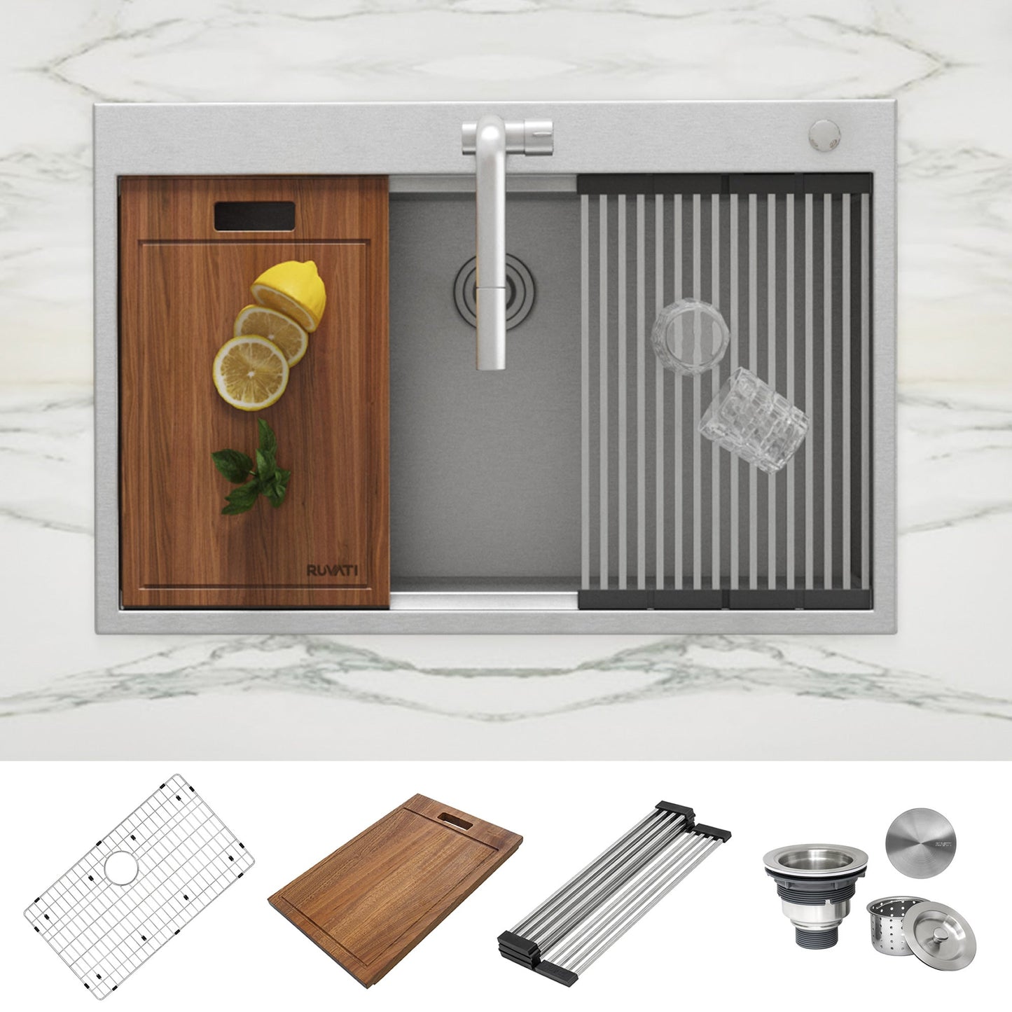 Ruvati Siena 33” x 22" Drop-In Stainless Steel Tight Radius Single Bowl Workstation Kitchen Sink With Wooden Chopping Board, Drain Cover, Bottom Rinse Grid and Drain Assembly