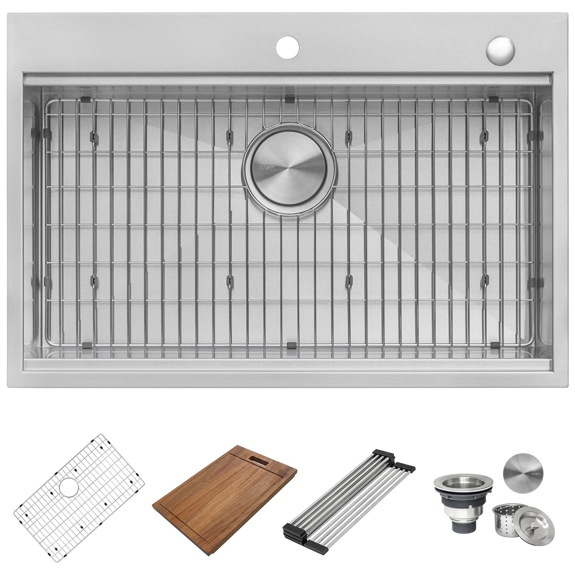 Ruvati Siena 33” x 22" Drop-In Stainless Steel Tight Radius Single Bowl Workstation Kitchen Sink With Wooden Chopping Board, Drain Cover, Bottom Rinse Grid and Drain Assembly