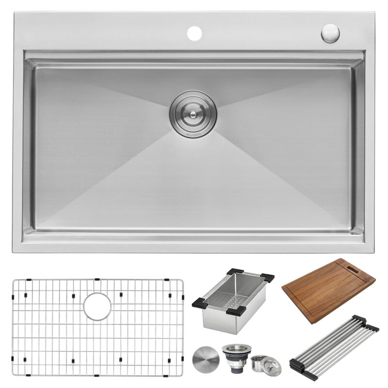 Ruvati Siena 33” x 22" Drop-In Stainless Steel Tight Radius Single Bowl Workstation Kitchen Sink With Wooden Chopping Board, Drain Cover, Bottom Rinse Grid and Drain Assembly