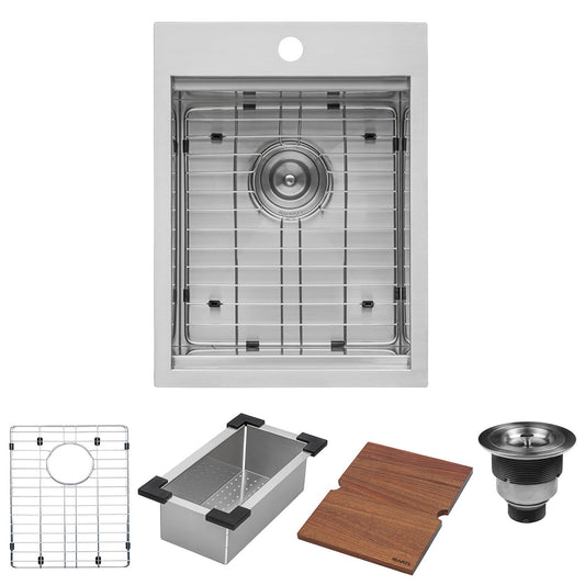 Ruvati Siena Vino 15” x 20" Drop-In Stainless Steel Single Bowl Workstation Kitchen Sink With Wooden Chopping Board, Drain Cover, Bottom Rinse Grid and Drain Assembly