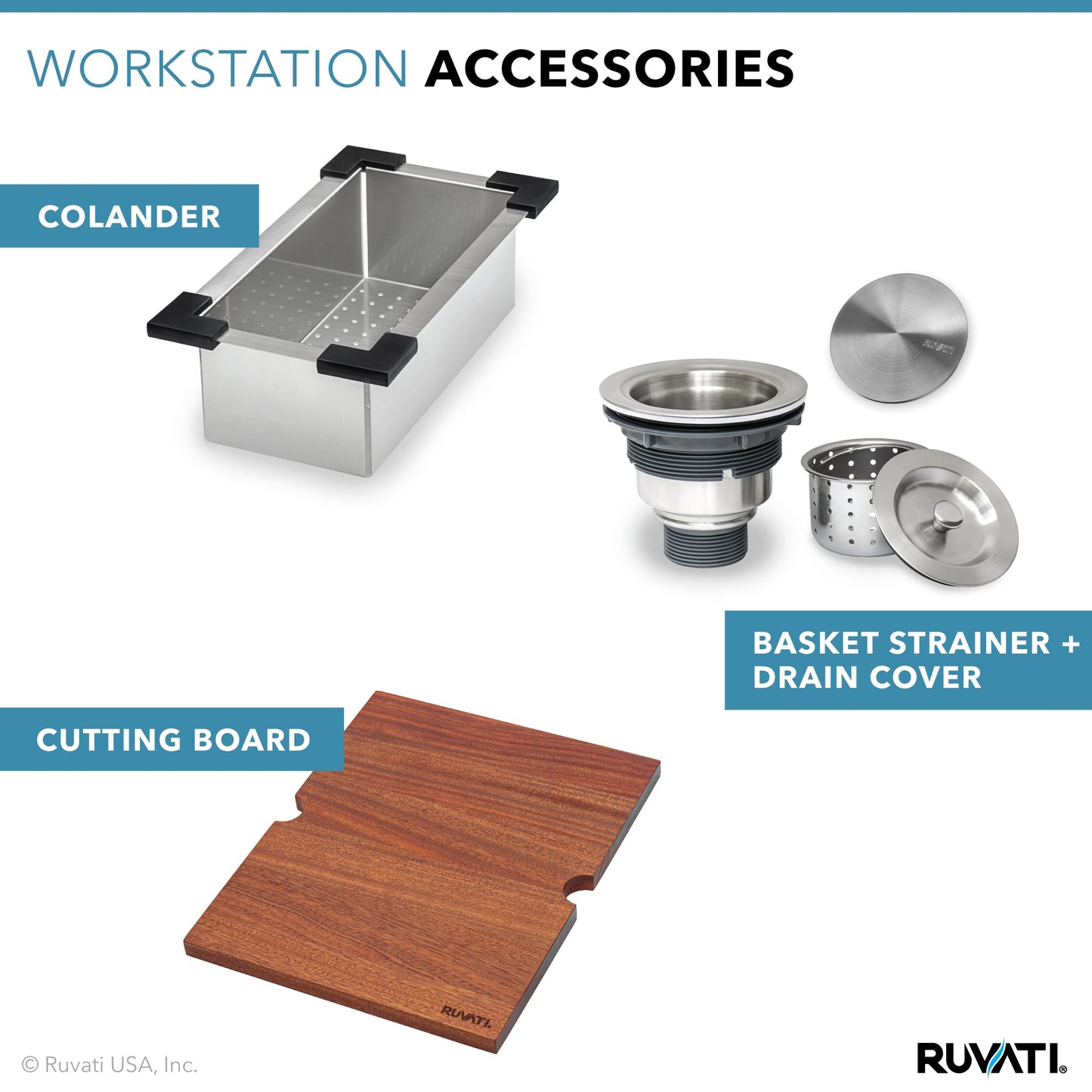 Ruvati Siena Vino 21” x 20" Drop-In Stainless Steel Single Bowl Workstation Kitchen Sink With Wooden Chopping Board, Drain Cover, Bottom Rinse Grid and Drain Assembly