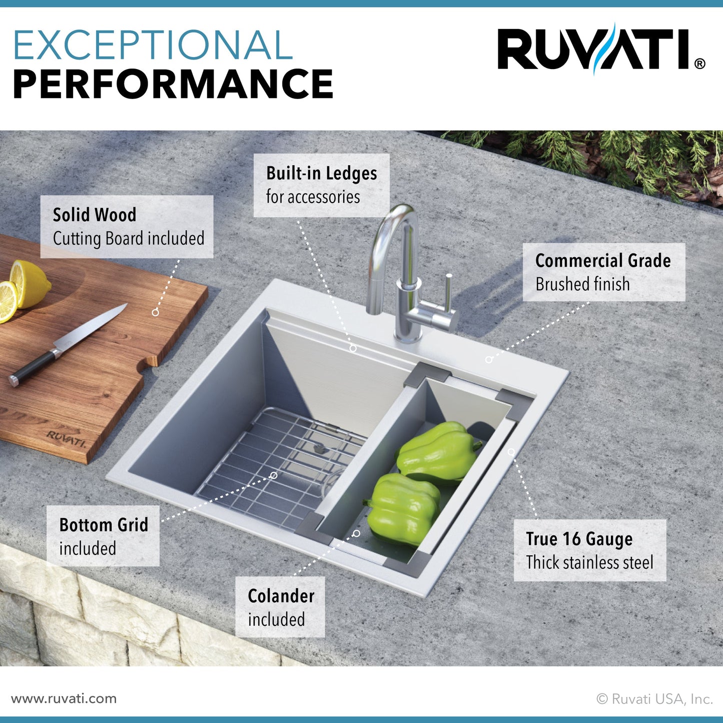 Ruvati Siena Vino 21” x 20" Drop-In Stainless Steel Single Bowl Workstation Kitchen Sink With Wooden Chopping Board, Drain Cover, Bottom Rinse Grid and Drain Assembly