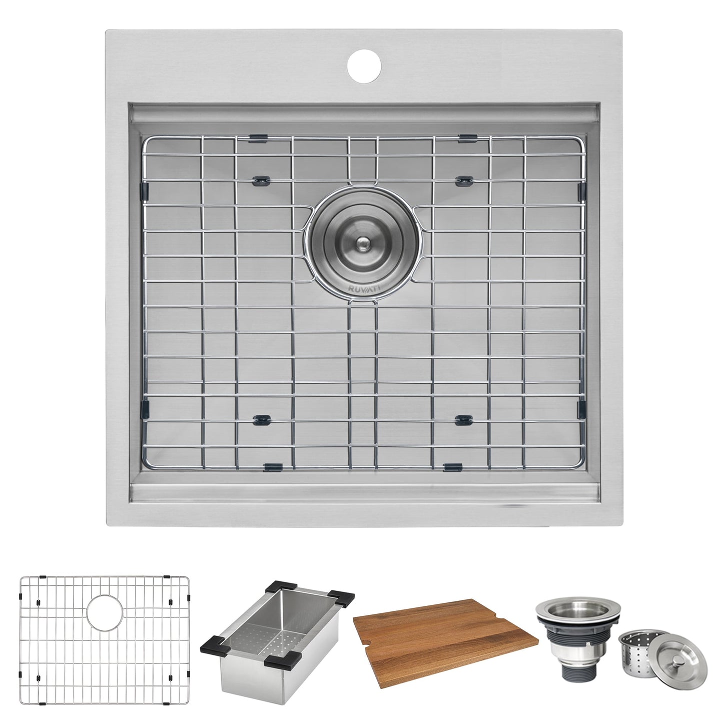 Ruvati Siena Vino 21” x 20" Drop-In Stainless Steel Single Bowl Workstation Kitchen Sink With Wooden Chopping Board, Drain Cover, Bottom Rinse Grid and Drain Assembly