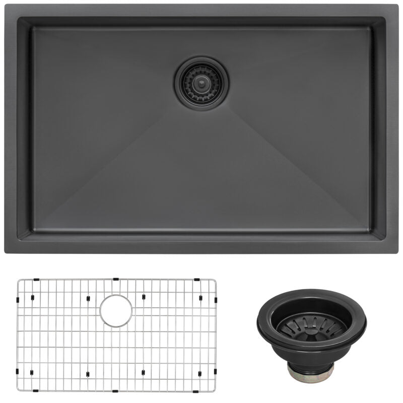 Ruvati Terazza 27” x 19" Gunmetal Matte Black Undermount Stainless Steel Single Bowl Kitchen Sink With Basket Strainer, Bottom Rinse Grid and Drain Assembly