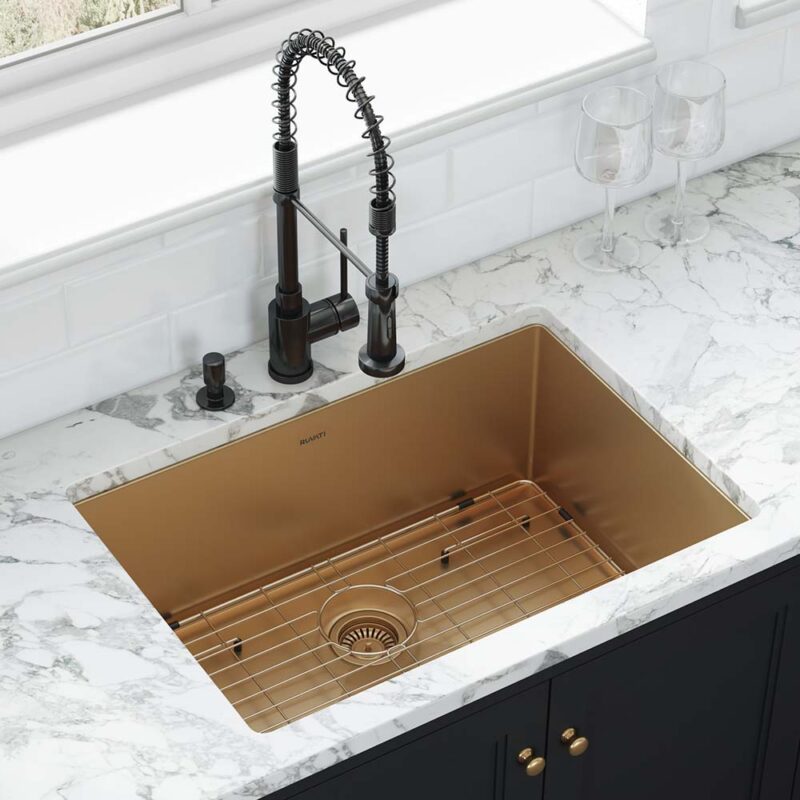 Ruvati Terazza 27” x 19" Satin Brass Matte Gold Undermount Stainless Steel Single Bowl Kitchen Sink With Basket Strainer, Bottom Rinse Grid and Drain Assembly