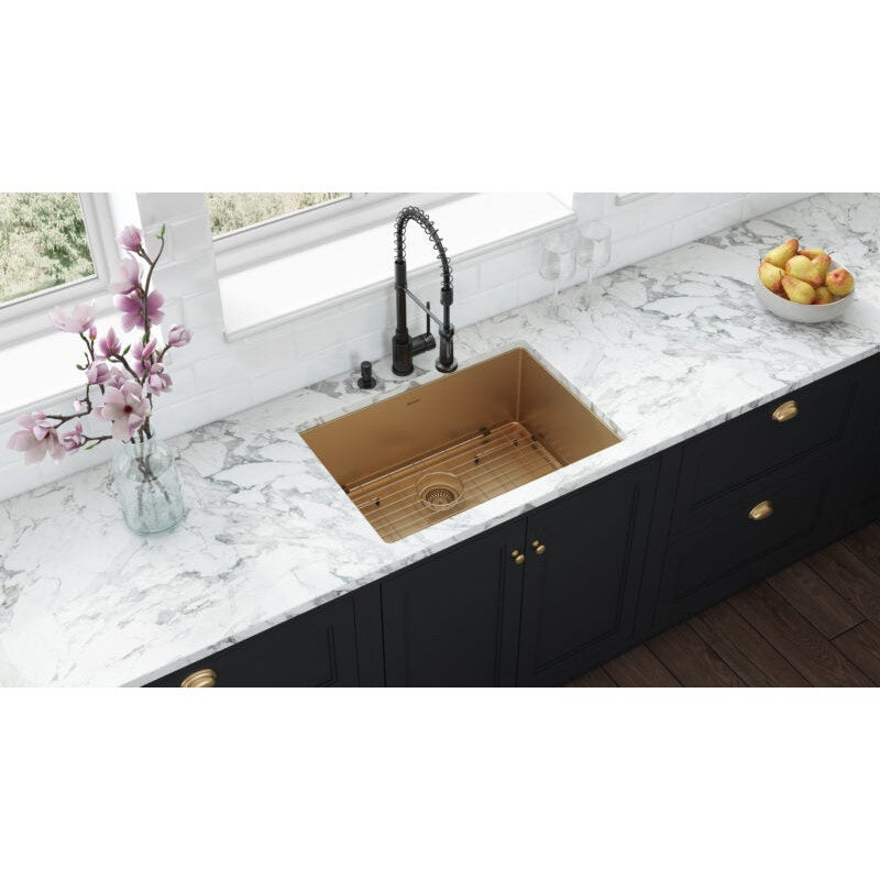 Ruvati Terazza 27” x 19" Satin Brass Matte Gold Undermount Stainless Steel Single Bowl Kitchen Sink With Basket Strainer, Bottom Rinse Grid and Drain Assembly